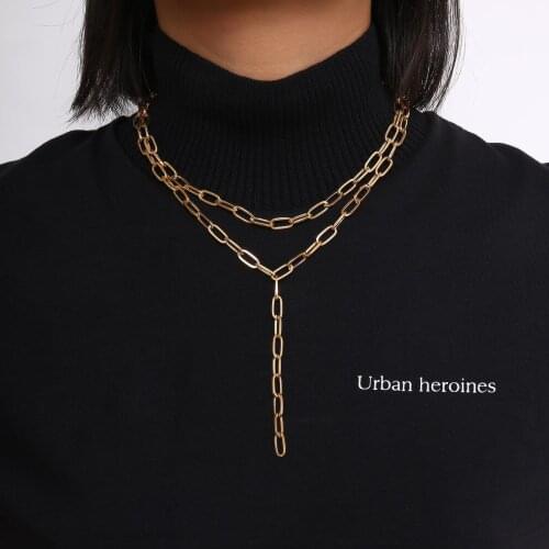 Meetvii Punk Rectangle Link Chain Necklace Gold Silver Color Double Layered Choker Collar Tassel Elongated Link Chain Necklace