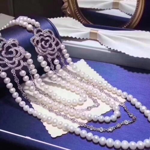 Fine Jewelry 1105 Natural Fresh Water White Peals Sweaters Chain Necklaces 7-8mm for Women Fine Pearls Necklaces