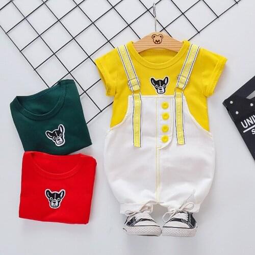 Children Summer Clothes Baby Boy Girls Cartoon Puppy shirt + casual overalls 2Pcs/Sets Infant Out Kids Toddler Casual Tracksuits