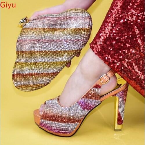 Doershow new Shoes and Bag Set African Sets 2020 orange Color Italian Shoe Bag Set Decorated with Rhinestone High Quality!HMN1-8