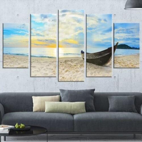 Home Decor Wall Art Sunset Poster 5 Panel Boat Canvas Painting HD Prints Modular Sandy Beach View Pictures Frame For Living Room