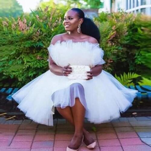 White Strapless Cocktail Dresses Knee Length Tulle Robes Prom Dress Evening Gowns For Summer 2021