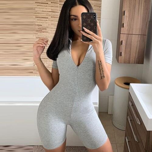 Front zipper cotton rompers womens jumpsuits v neck grey black solid color bodysuits short jumpsuit onesies for adults women