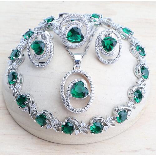 Silver 925 Bridal Jewelry Sets For Women Green Zircon Wedding Jewerly Earrings Rings Stones Bracelets Pendant Necklace Set