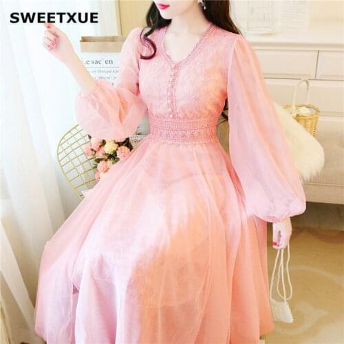 SWEETXUE 2020 Lace Mesh Retro Dress Women Lantern Sleeve Hollow Out Slim Ladies Elegant Refined Evening Party Dress Vestidos