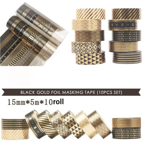 10Pcs Black Foil Washi Tape Set Quality Stationery DIY Scrapbooking Photo Album Decoration Student Masking Tape Stickers Gift