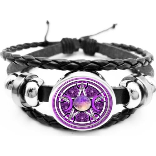 Initial / Glamour Purple Triple Moon Goddess Pentagram Snap Button Bracelet Witchcraft Supernatural Black Bracelet Jewelry