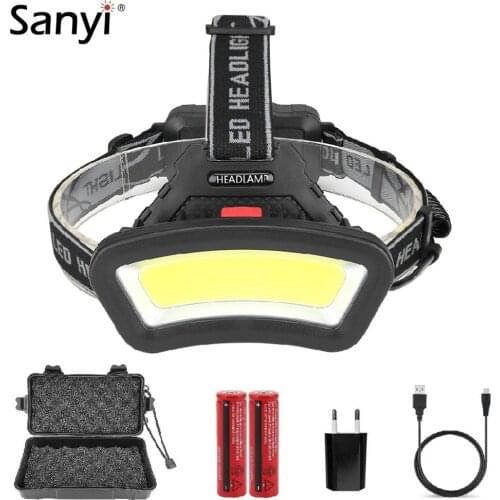 COB LED Headlamp USB Rechargeable 18650 Headlight Camping Head Torch Night Fishing Cycling Head Lamp Red Warning Running Light