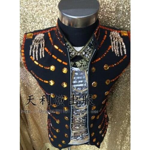 New rivet decoration bar male singer DJ nightclub DS sleeveless Fashion personality Vests costume Men slim black vest S-4XL