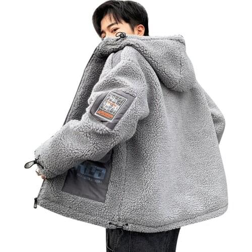 New Winter Mens Fur Fleece New Fashion Coat Overcoat Male Lapel Warm Fluff Gray Zipper Hooded Jacket Outerwear Plus Size