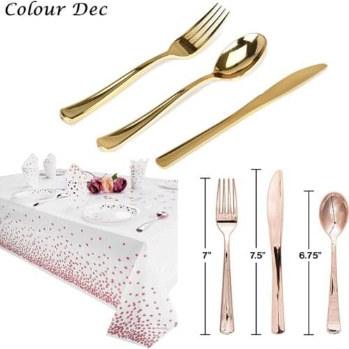 Wholesale hot 10pcs Rose Gold Disposable Knife Fork Spoon cups Dinnerware Party Birthday Wedding Baby Shower Birthday Decoration