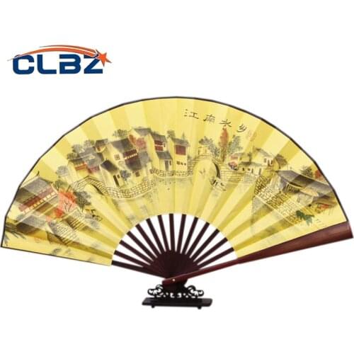 Hand Fold Fan Bamboo Wood Cloth Large 13 Inch Long Japanese Chinese Style Artificial Man Pai Dance Weddding Gift Decorate Home