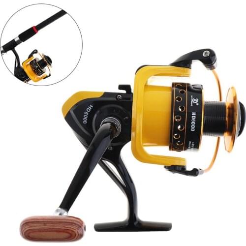 12BB 6000 Fishing Reel Spinning Wheel with 18KG Drag Power with Double Colour Metal Line Cup Wooden Handle Knob