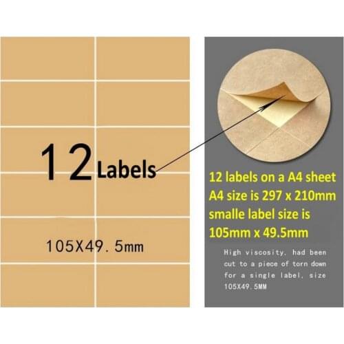 40 Sheets A4 Blank Kraft Label Sticker 12 Labels In a Sheet 105mm x 49.5mm Brown Self adhesive Paper For Laser & Inkjet Printer