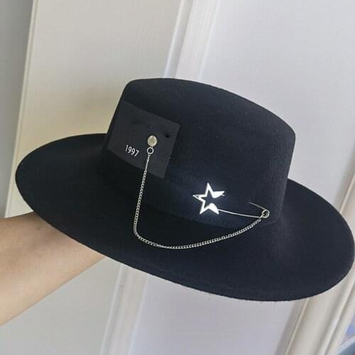 Black Fedora Hats For Women Unisex Autumn Winter Man Top Hat Panama Jazz 100%Wool Cap Female Keep Warm Metal Chain Casual Hat