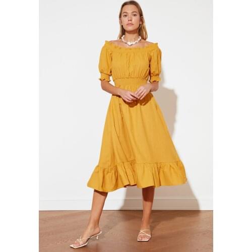 Camel Shirred Carmen Collar Dress Elegant Dress Daily Casual Women 'S Dress