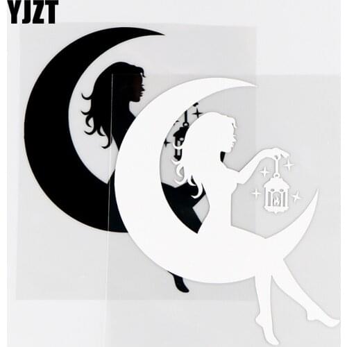 YJZT 12×14CM Carrying Lantern Fairy Sitting On The Moon Car Sticker Vinyl Decal Decor Black / Silver 10A-0509