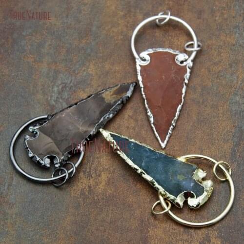 Handmade Jewelry Arrowhead Jaspers Stone Charm Gunmetal Silver Gold Electroplated Pendant With Copper Circle In 55*29 mm PM9607