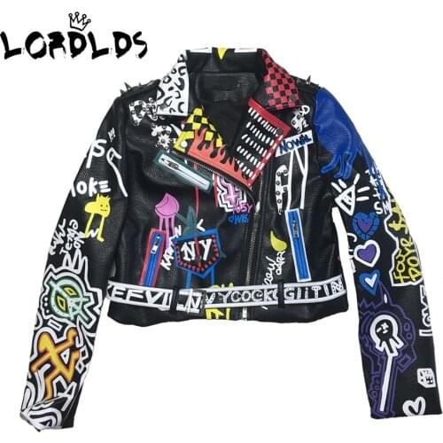 LORDLDS Leather Jacket Women Graffiti Colorful Print Biker Jackets and Coats PUNK Streetwear Ladies Clothes