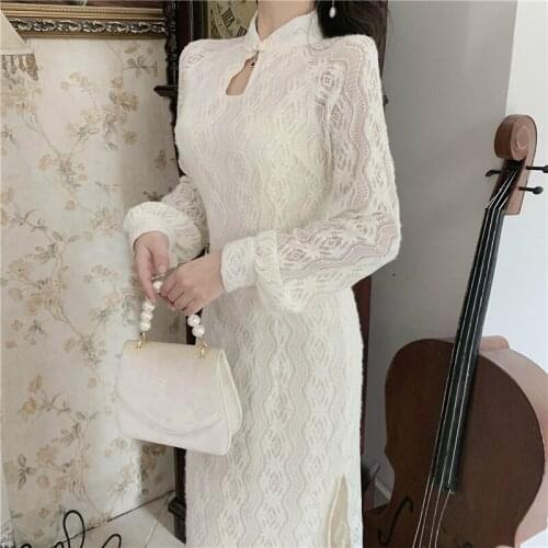 JuneLove Women Elegant Cheongsam Dress Chinese Style Autumn Winter New Solid Sheath Button Split Midi Dresses Slim Chic Vestidos