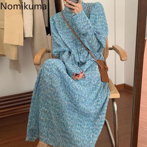 Nomikuma Korean Chic Puff Sleeve Dresses Floral Printed Ruffle Patchwork Slim Waist Maxi Dress Women Elegant Vintage Vestidos
