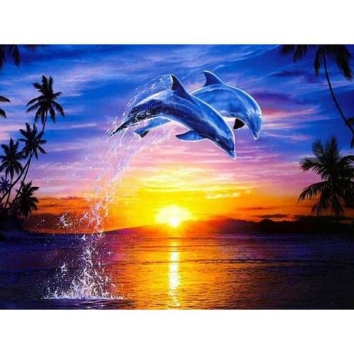 DIY 5D Diamond Painting Mosaic Scenic Sunset And Dolphins Handmade Diamond Cross stitch Set Diamond Embroidery