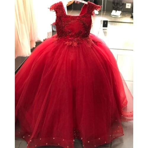 Red Lace Applique Girls Birthday Dresses Red Celebration Ball Gowns Puffy Girls Pageant Dresses Lace Up Back Custom