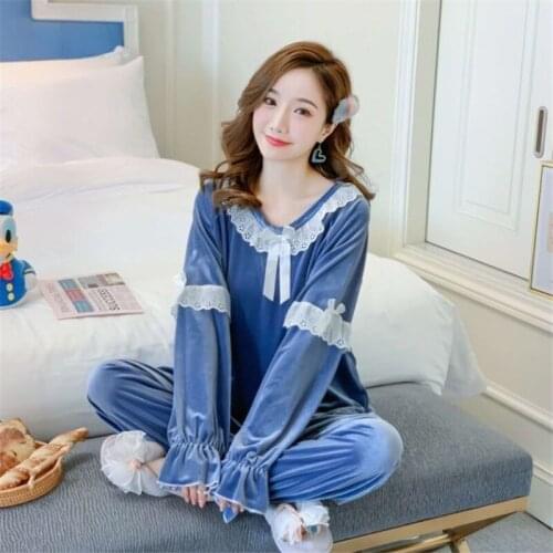 Velvet Pajamas Set Winter Knitting V-Neck Long Sleeve Sleepwear Women Pajama Home Wear Loose Night Suit Female