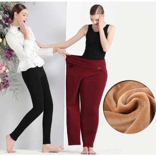 Stretch Pants Women High Waist Pencil Pants Winter 2020 Office Ladies Velvet Work Trousers Red Black Blue Leggings Plus Size 6XL