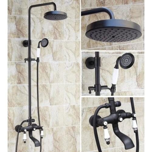 Black oil Antique Brass Wall Mounted Rain Bathroom Rainfall Shower Faucet Set with Hand Spray Shower Head Tub Mixer Tap 2hg128