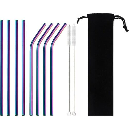Reusable Straws Eco-Friendly Stainlessl Stee Drinking Straw Set Straw With Cleaner Brush Portable Bag Party Bar Accessory