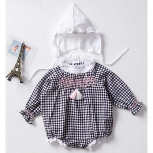 Baby Spring Autumn Clothing Infant Newborn Baby Girls Bodysuit Cotton Clothes Outfit lattice Lace Collar Baby Jumpsuit+Hat 2PCS