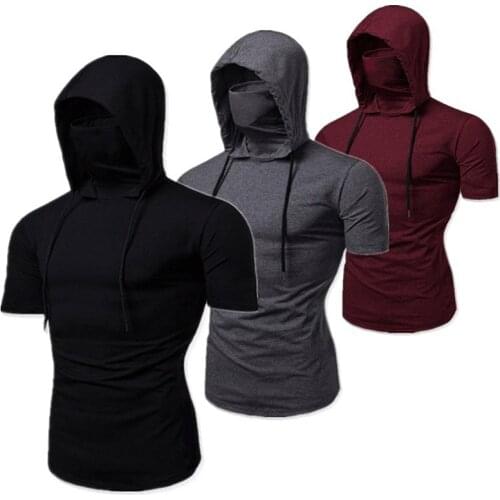 Fashion Short-Sleeved Mask Hooded T Shirt Men Casual Elastic Solid Fitness Tshirt Hip Hop Slim Fit Male T-shirt Streetwear