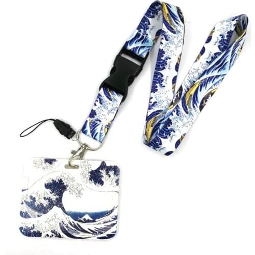 Art Painting Kanagawa Hokusai Waves Lanyard Credit Card ID Holder Bag Student Women Travel Card Cover Badge Car Keychain