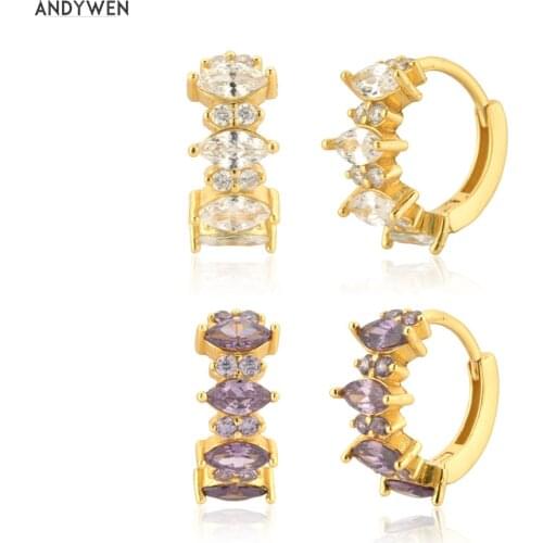 ANDYWEN 925 Sterling Silver Gold White Purple Zircon Pave Huggies Piercing Women Crystal Spain Styles Jewelry Crystal Clips