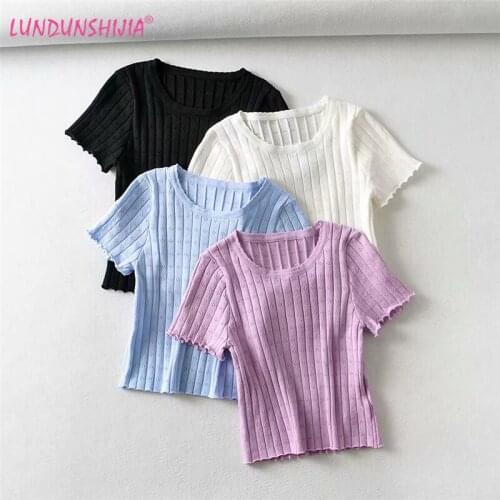 LUNDUNSHIJIA Fashion Slim Short T-shirts Women 2020 Summer Icy Silk Hollow Out Knitting Short Sleeve O-neck Tight Female T-shirt