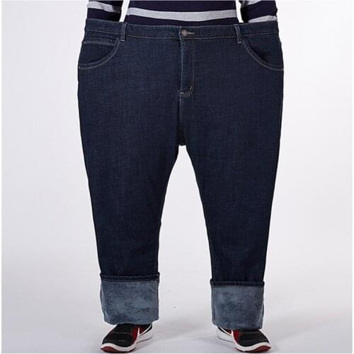 Warm Denim Pants Men Winter Fleece Stretched Blue Straight Loose Autumn Trousers Thick Plus Size 44 48 50 52 Oversized Jeans