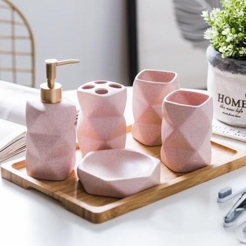 Geometric shape Ceramic Toiletries Bathroom Set Soap Dispenser, Toothbrush Holder, Mouthwash Cup, Soap Dish, Bathroom Tray