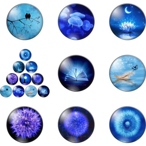 Fashion Dandelion Feather Lotus Blue Elements 10mm/12mm/16mm/18mm/25mm Round Photo Glass Cabochon Demo Flat Back Making Findings