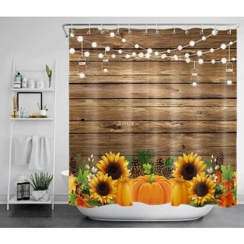 Autumn Shower Curtains Farmhouse Harvest Pumpkin Sunflowers Rustic Wood Planks Waterproof Fabric Bathroom Curtain with Hooks