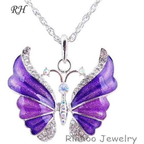 Tibetan Butterfly Necklace Alloy Enamel Butterfly Pendant Necklaces Suspension Silver Plated Vintage Necklace For Women Jewelry