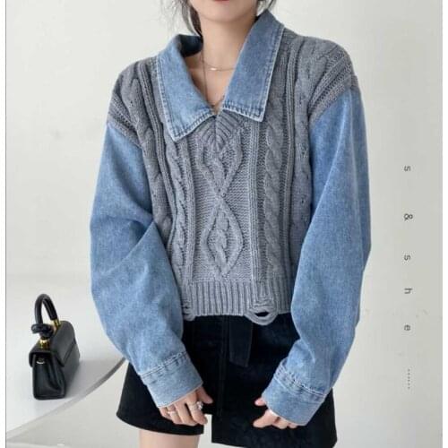 Fall Winter 2021 New Knit Pullover Sweaters Women Loose Fake Two-piece Sweater Korean Fashion Denim Stitching Polo Collar Tops