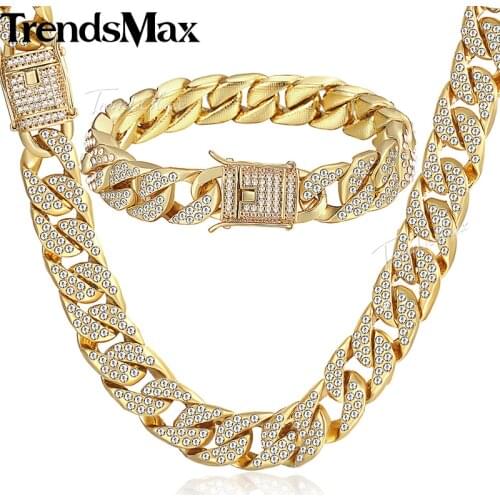 Womens Mens Jewelry Set Gold Miami Curb Cuban Link Chain Necklace Bracelet Sets For Men Iced Out Hip Hop Jewelry 14mm KGS262