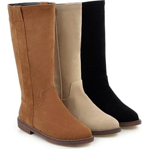 Low Heels woman Boots Round Toe zipFootwear Slip-on Female Flock Shoes Mid-Calf Boot Autumn Winter boots women Big size 44 09-27