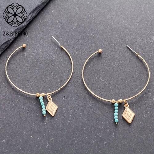 Vintage Simple Gold Pendientes With Blue Beads Hoop Accessories Unusual Womens Jewelry Female Ear Decoration Gifts For Wedding
