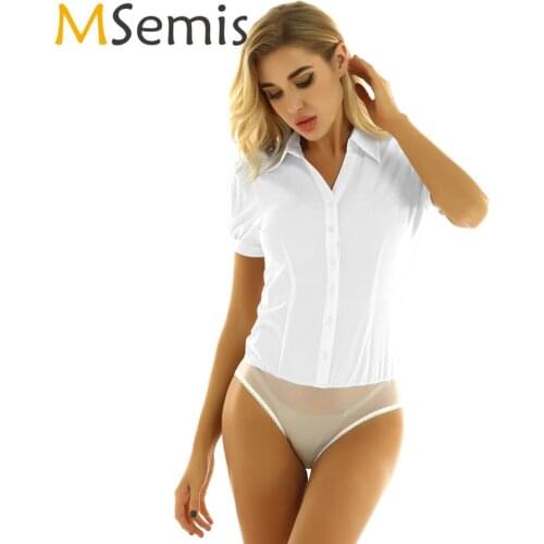 Women Sexy Career Shirts Bodysuit Short Sleeve Button Down Sheer Mesh Bottom Jumpsuit Erotic Adult Baby Teddy Blouse Body Romper