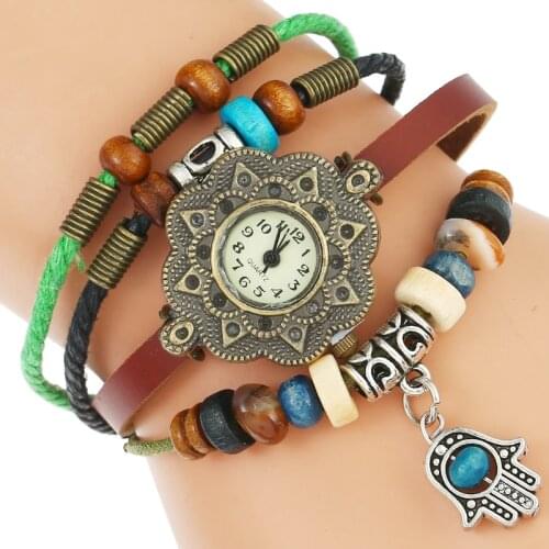 New Design Women Blue Eye Hand Girl Wood Beads Bracelet Quartz Wrist Watch Design Hamas hand Pendant Genuine Leather