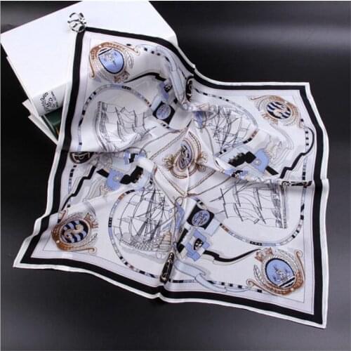 POBING 100% Pure Silk Scarf For Ladies Spain Boat Print Square Scarves Small Head Handkerchief Wholesale Hijab Wraps 53x53CM