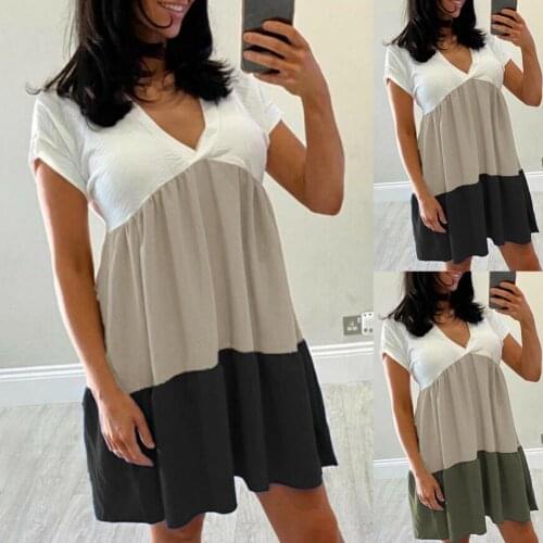 Summer Mini Dress Color Block V Neck Woman Dress Plus Size Casual Short Sleeve Ruffles Beach Party Dresses vestido платье летнее