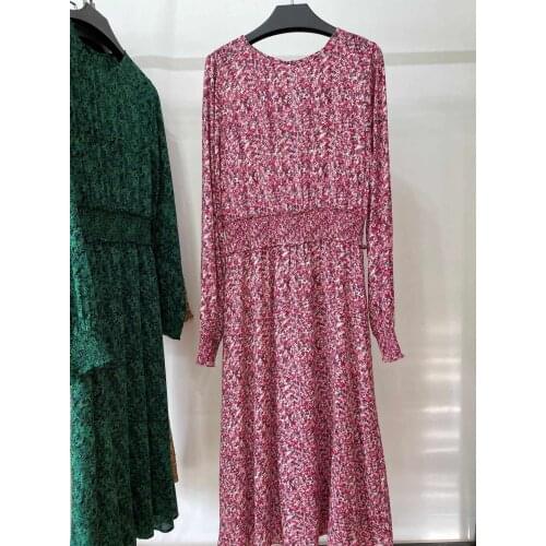 Women Dress Elegant Retro Round Neck Floral Long Sleeve Viscose Midi Dress